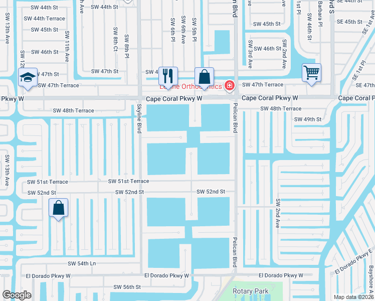 map of restaurants, bars, coffee shops, grocery stores, and more near 606 Southwest 49th Lane in Cape Coral