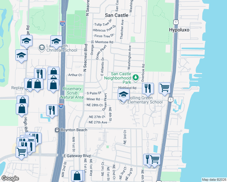 map of restaurants, bars, coffee shops, grocery stores, and more near 1228 Highland Road in Lantana