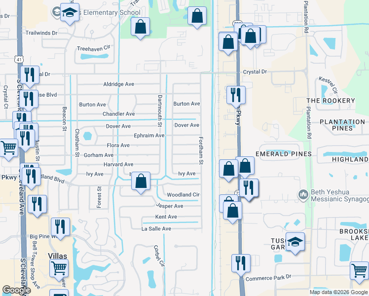 map of restaurants, bars, coffee shops, grocery stores, and more near 2423 Flora Avenue in Fort Myers