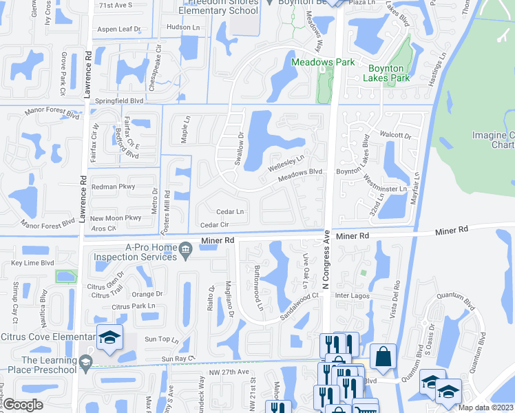 map of restaurants, bars, coffee shops, grocery stores, and more near 39 Baytree Circle in Boynton Beach