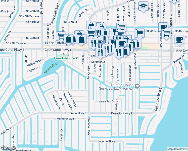 map of restaurants, bars, coffee shops, grocery stores, and more near 810 Victoria Drive in Cape Coral