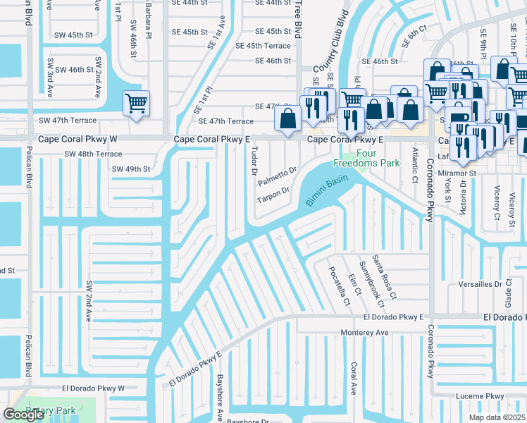 map of restaurants, bars, coffee shops, grocery stores, and more near 323 Tudor Drive in Cape Coral