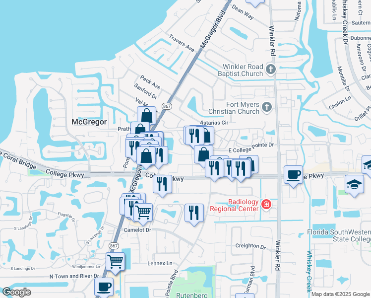 map of restaurants, bars, coffee shops, grocery stores, and more near 9100 West College Pointe Drive in Fort Myers