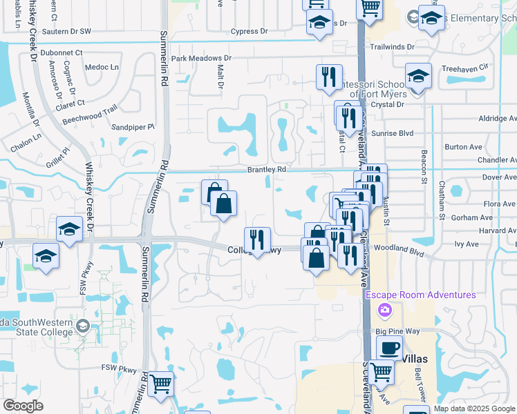 map of restaurants, bars, coffee shops, grocery stores, and more near 12781 World Plaza Lane in Fort Myers