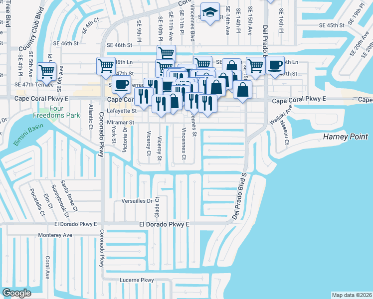 map of restaurants, bars, coffee shops, grocery stores, and more near 4930 Vincennes Court in Cape Coral