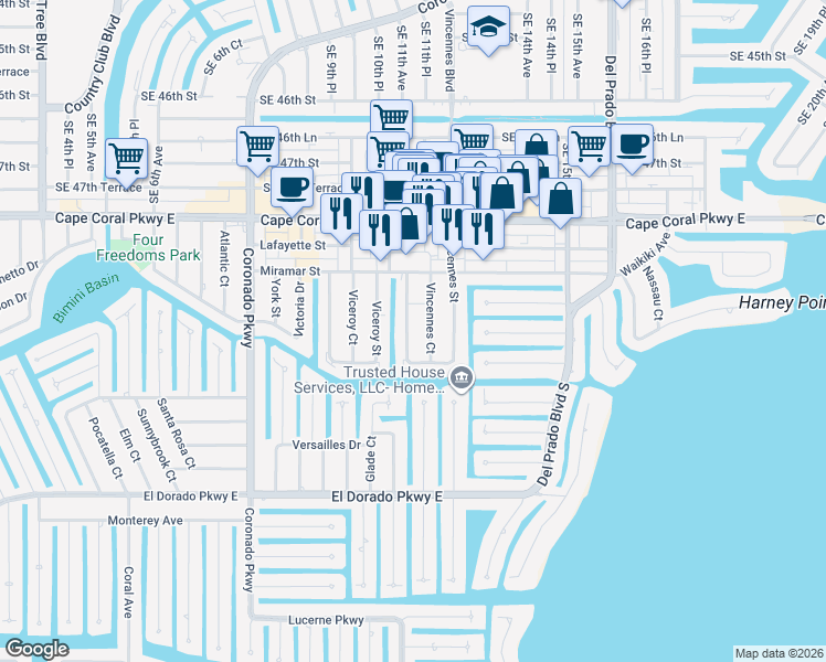 map of restaurants, bars, coffee shops, grocery stores, and more near 4930 Vincennes Court in Cape Coral