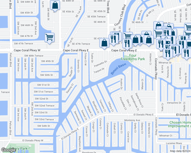 map of restaurants, bars, coffee shops, grocery stores, and more near 323 Tudor Drive in Cape Coral