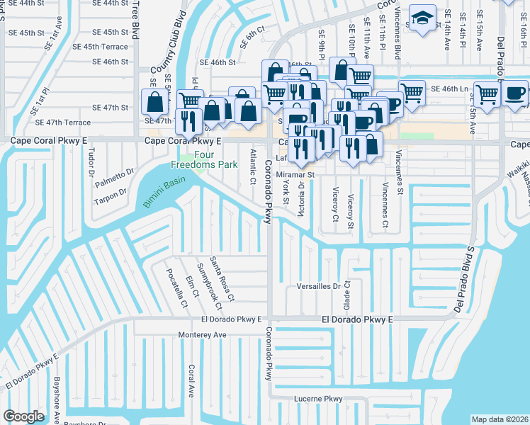 map of restaurants, bars, coffee shops, grocery stores, and more near 728 Victoria Drive in Cape Coral