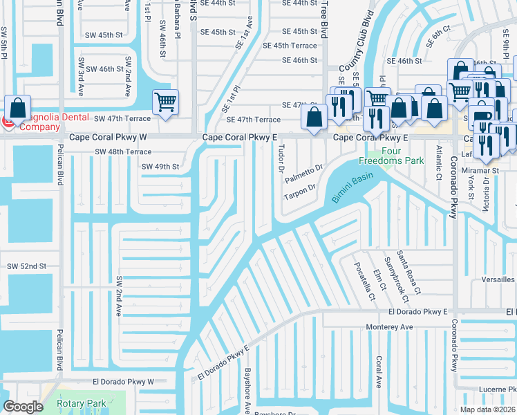 map of restaurants, bars, coffee shops, grocery stores, and more near 4945 Sorrento Court in Cape Coral