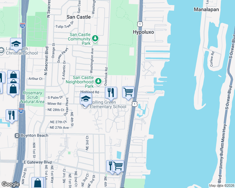 map of restaurants, bars, coffee shops, grocery stores, and more near 7893 Loomis Street in Lake Worth