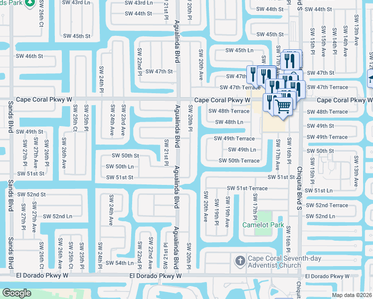 map of restaurants, bars, coffee shops, grocery stores, and more near 4931 Agualinda Boulevard in Cape Coral