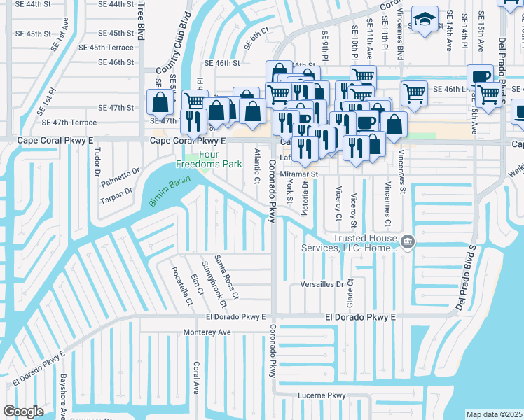map of restaurants, bars, coffee shops, grocery stores, and more near 728 Victoria Drive in Cape Coral
