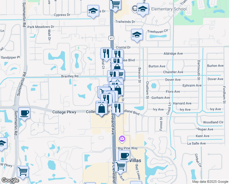map of restaurants, bars, coffee shops, grocery stores, and more near in Fort Myers