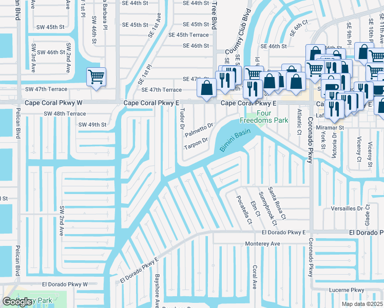 map of restaurants, bars, coffee shops, grocery stores, and more near 323 Tudor Drive in Cape Coral