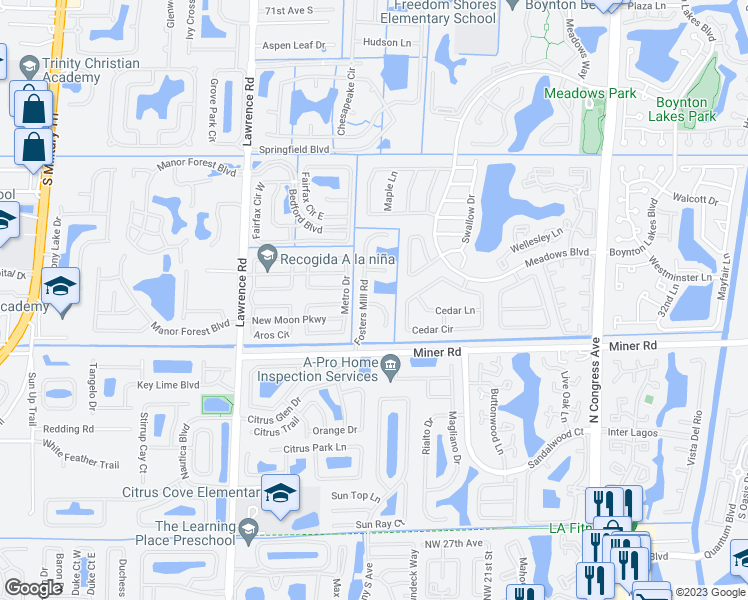 map of restaurants, bars, coffee shops, grocery stores, and more near 1121 Fosters Mill Drive in Boynton Beach