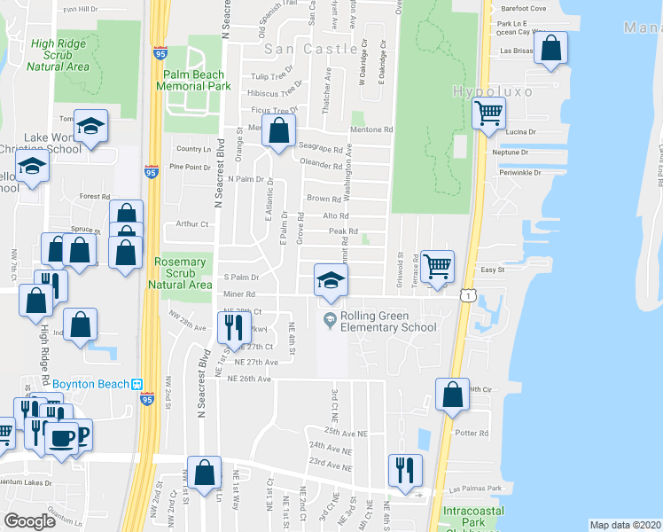 map of restaurants, bars, coffee shops, grocery stores, and more near 1156 Highland Road in Lantana