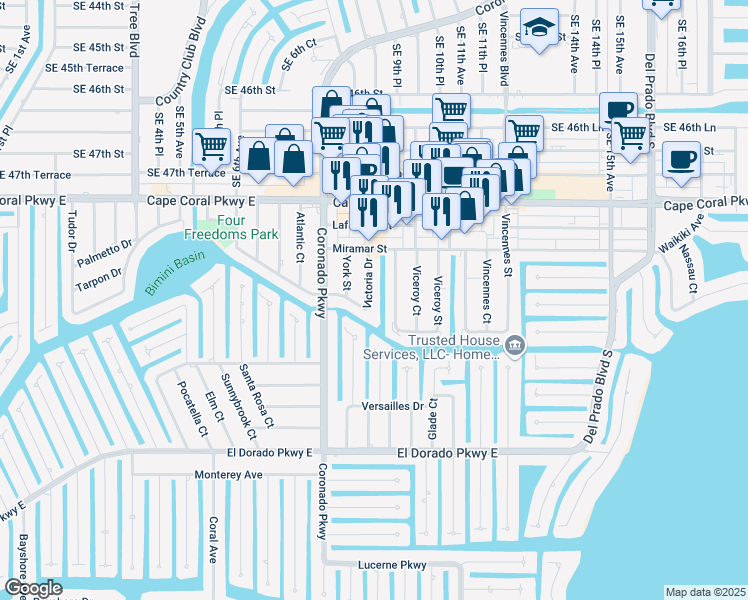 map of restaurants, bars, coffee shops, grocery stores, and more near 4931 Victoria Drive in Cape Coral