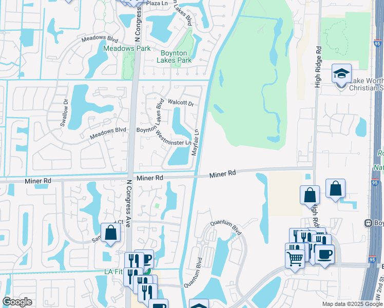 map of restaurants, bars, coffee shops, grocery stores, and more near 47 Mayfair Lane in Boynton Beach