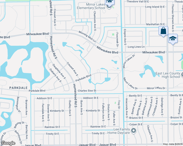 map of restaurants, bars, coffee shops, grocery stores, and more near 619 Parkdale Boulevard in Lehigh Acres