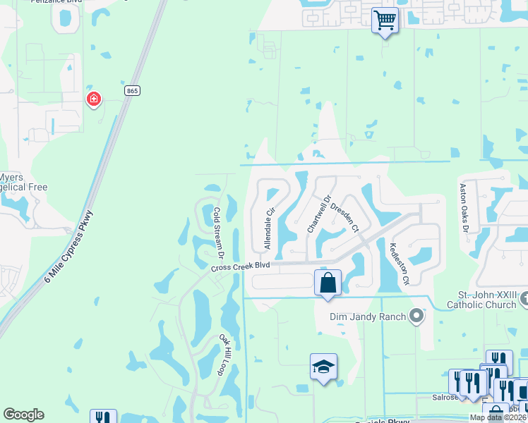 map of restaurants, bars, coffee shops, grocery stores, and more near 12770 Allendale Circle in Fort Myers