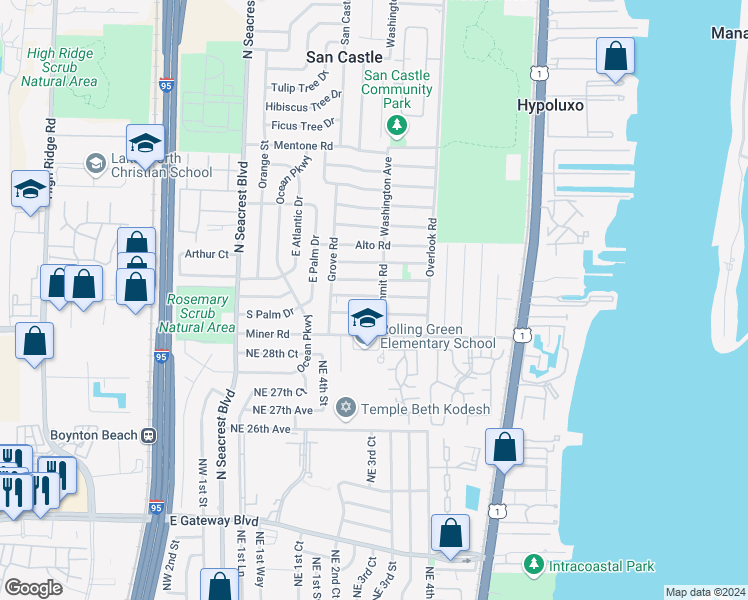 map of restaurants, bars, coffee shops, grocery stores, and more near 1142 Highland Road in Lantana