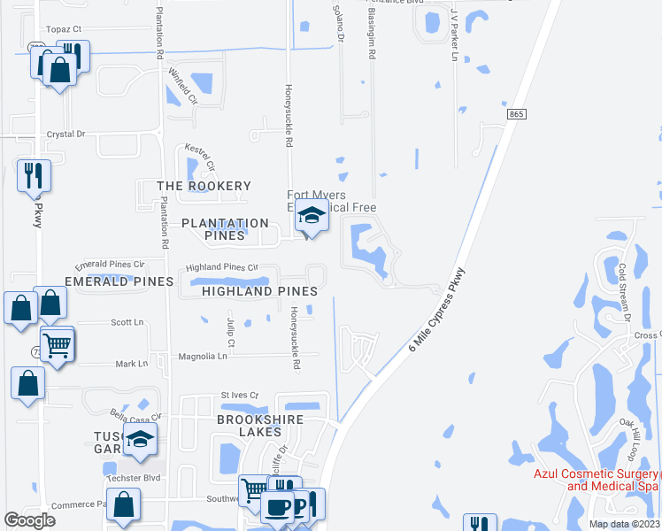 map of restaurants, bars, coffee shops, grocery stores, and more near 6929 Highland Park Circle in Fort Myers