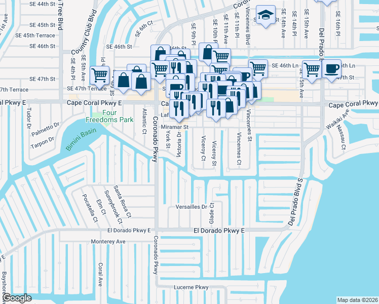 map of restaurants, bars, coffee shops, grocery stores, and more near 4931 Victoria Drive in Cape Coral
