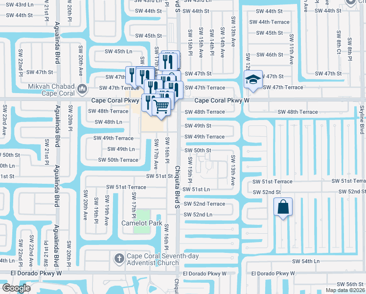map of restaurants, bars, coffee shops, grocery stores, and more near 5005 Chiquita Boulevard South in Cape Coral