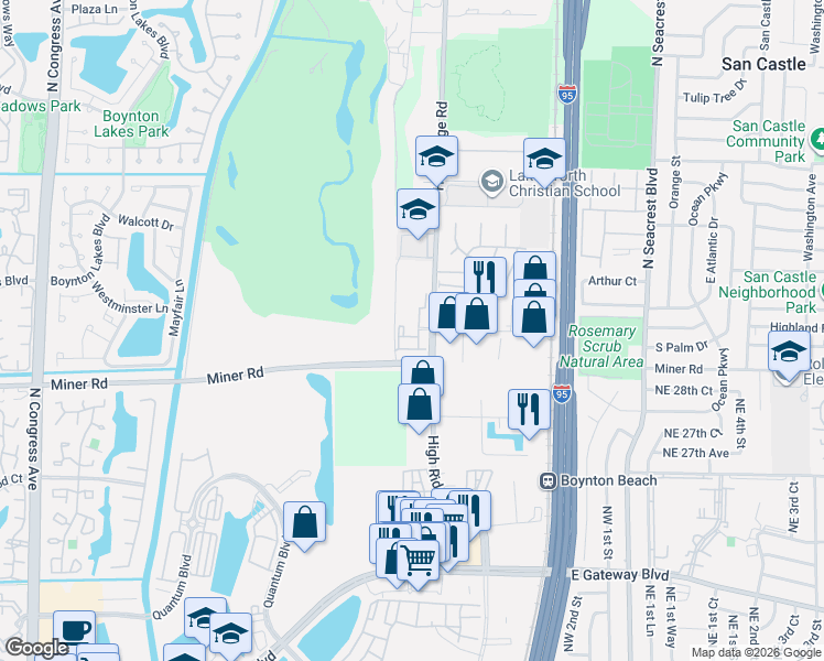 map of restaurants, bars, coffee shops, grocery stores, and more near 3609 High Ridge Road in Boynton Beach
