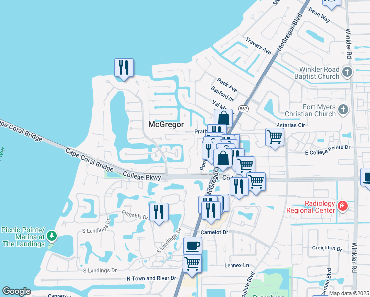 map of restaurants, bars, coffee shops, grocery stores, and more near 9646 Halyards Court in Fort Myers