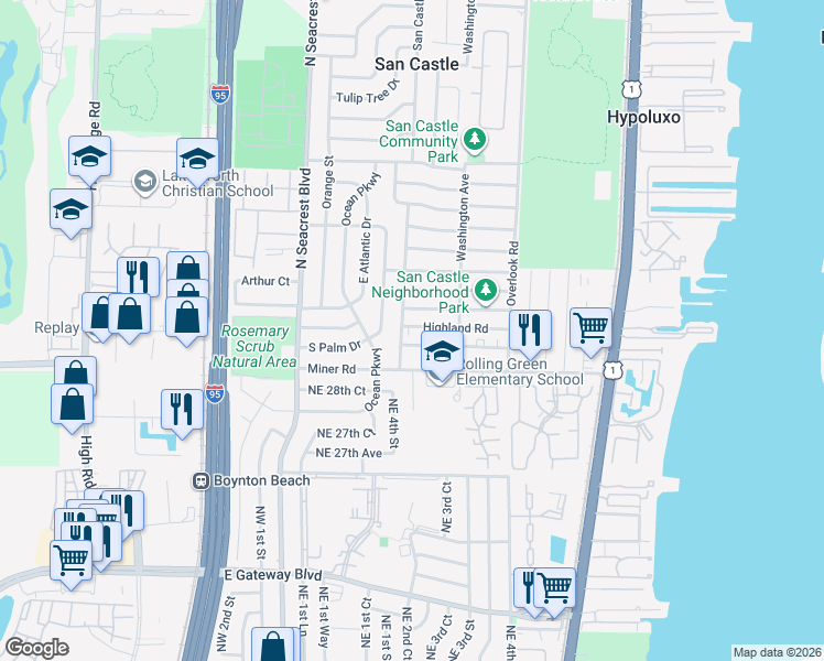 map of restaurants, bars, coffee shops, grocery stores, and more near 1228 Highland Road in Lantana