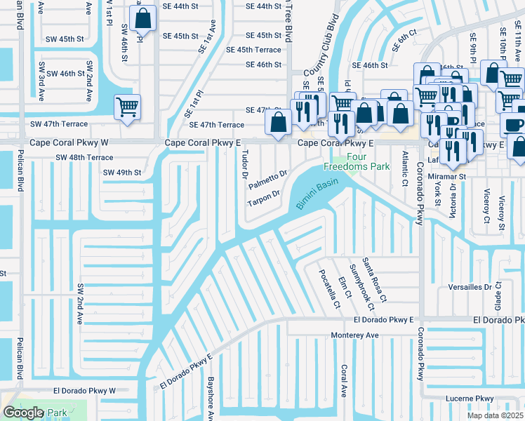 map of restaurants, bars, coffee shops, grocery stores, and more near 323 Tudor Drive in Cape Coral