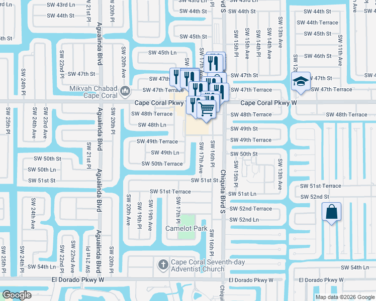 map of restaurants, bars, coffee shops, grocery stores, and more near 4925 Southwest 17th Place in Cape Coral