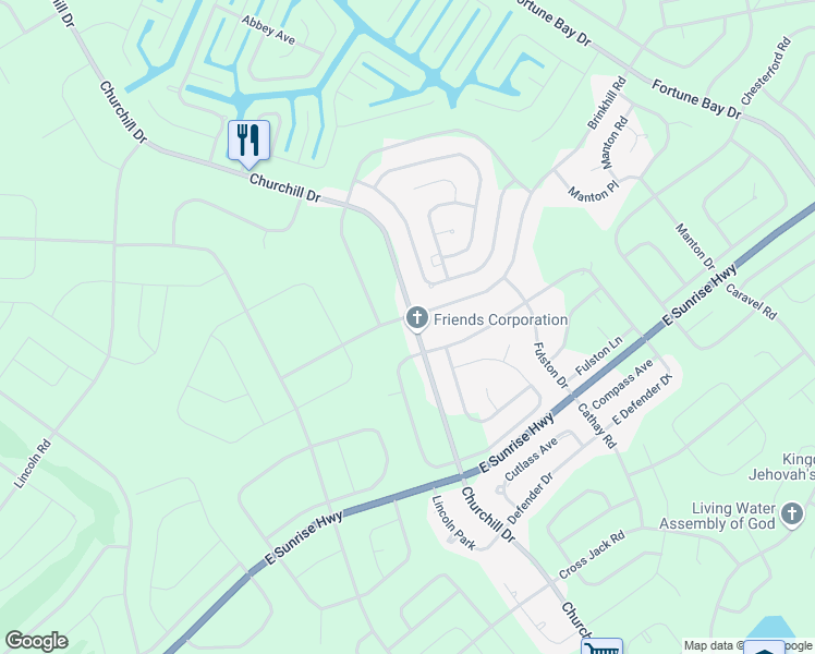 map of restaurants, bars, coffee shops, grocery stores, and more near Churchill Drive in Freeport