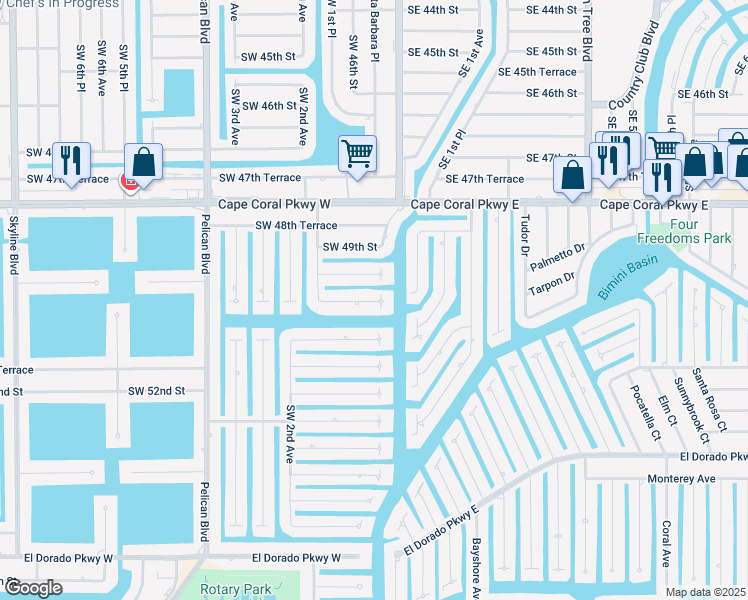 map of restaurants, bars, coffee shops, grocery stores, and more near 117 Southwest 1st Court in Cape Coral