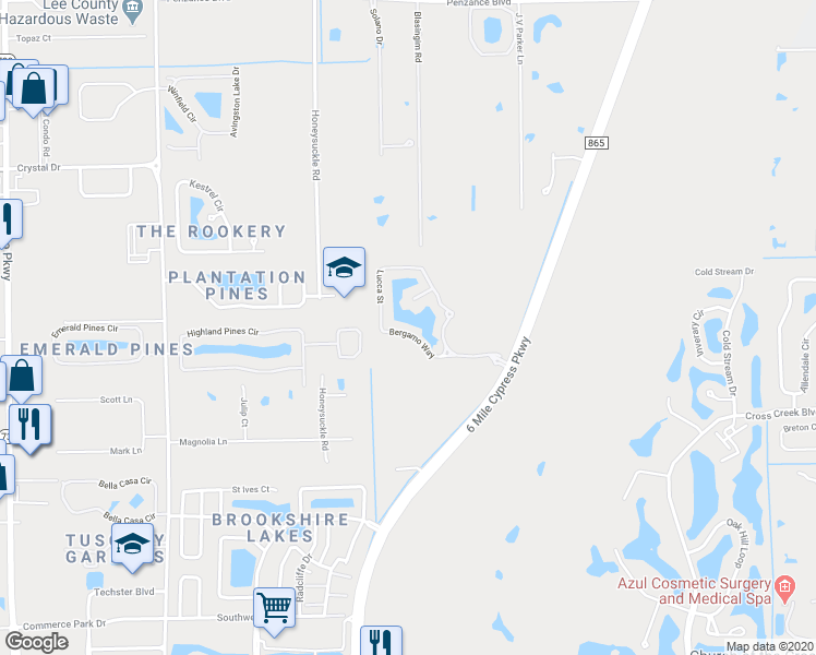 map of restaurants, bars, coffee shops, grocery stores, and more near 7039 Bergamo Way in Fort Myers