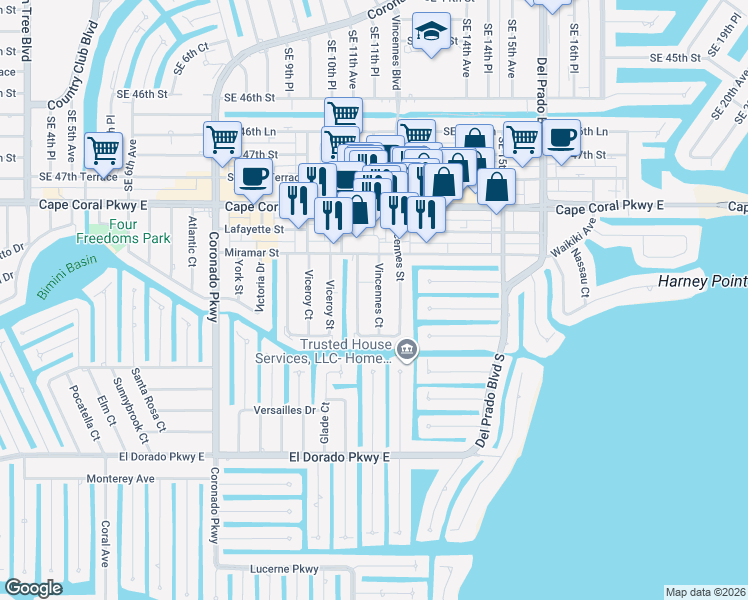 map of restaurants, bars, coffee shops, grocery stores, and more near 4930 Vincennes Court in Cape Coral