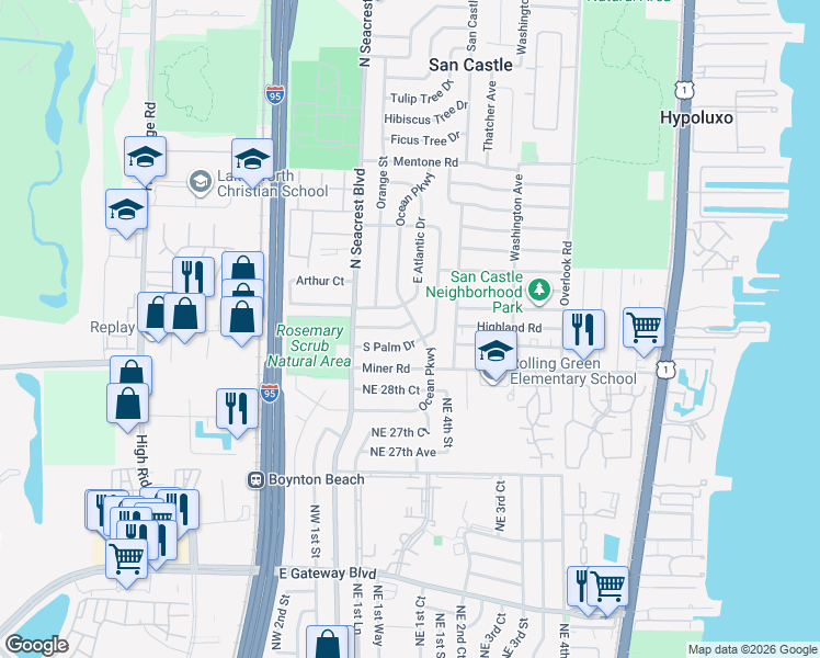 map of restaurants, bars, coffee shops, grocery stores, and more near 3025 Ocean Parkway in Boynton Beach