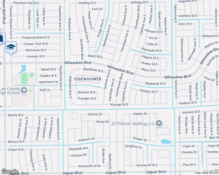 map of restaurants, bars, coffee shops, grocery stores, and more near 622 Flamingo Avenue South in Lehigh Acres