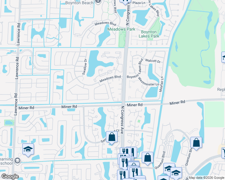 map of restaurants, bars, coffee shops, grocery stores, and more near 12 Baytree Circle in Boynton Beach