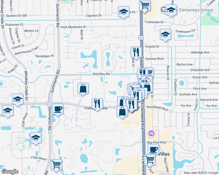 map of restaurants, bars, coffee shops, grocery stores, and more near 1900 Brantley Road in Fort Myers