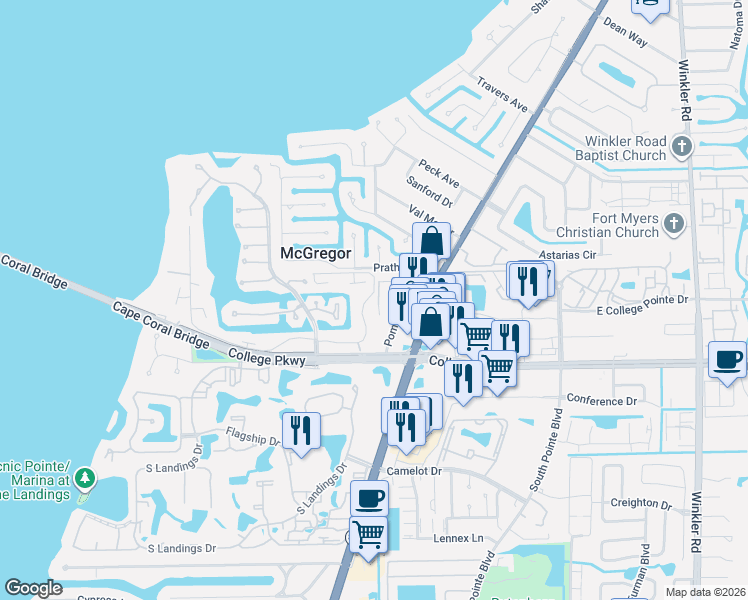 map of restaurants, bars, coffee shops, grocery stores, and more near 4262 Island Circle in Fort Myers