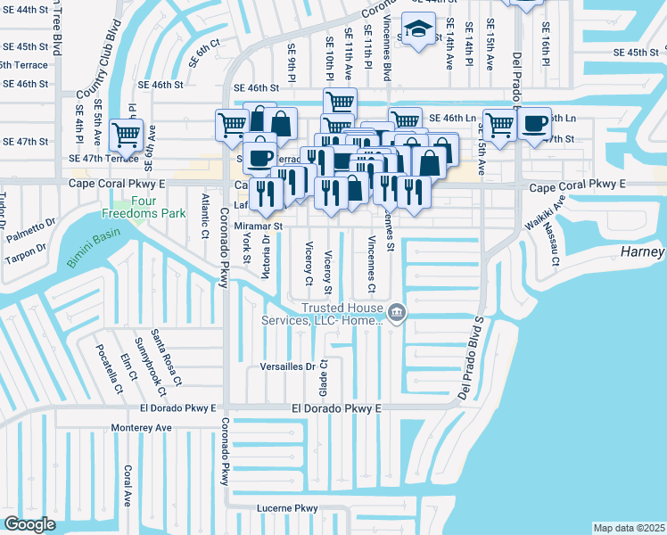 map of restaurants, bars, coffee shops, grocery stores, and more near 4963 Viceroy Street in Cape Coral