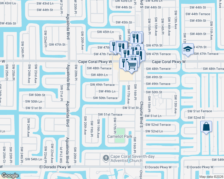 map of restaurants, bars, coffee shops, grocery stores, and more near 1733 Southwest 49th Lane in Cape Coral