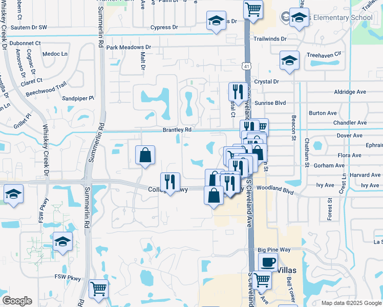 map of restaurants, bars, coffee shops, grocery stores, and more near 1900 Brantley Road in Fort Myers