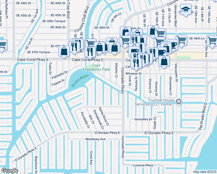map of restaurants, bars, coffee shops, grocery stores, and more near 5111 Manor Court in Cape Coral