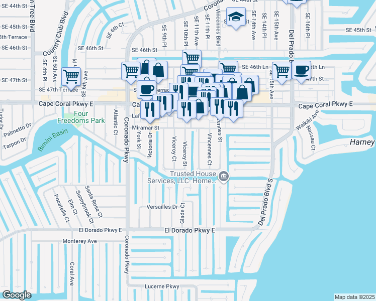 map of restaurants, bars, coffee shops, grocery stores, and more near 4963 Viceroy Street in Cape Coral