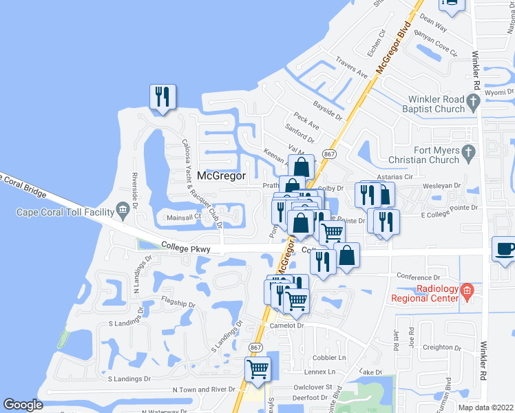 map of restaurants, bars, coffee shops, grocery stores, and more near 4275 Island Circle in Fort Myers