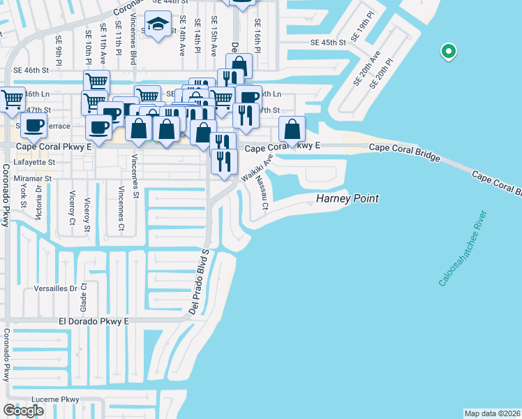 map of restaurants, bars, coffee shops, grocery stores, and more near 1617 Edith Esplanade in Cape Coral