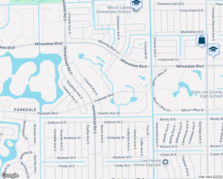 map of restaurants, bars, coffee shops, grocery stores, and more near 619 Parkdale Boulevard in Lehigh Acres